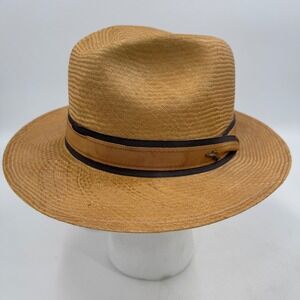 Tommy Bahama Shademaker Straw Fedora Hat Tan Brown Ribbon Marlin Accent One Size
